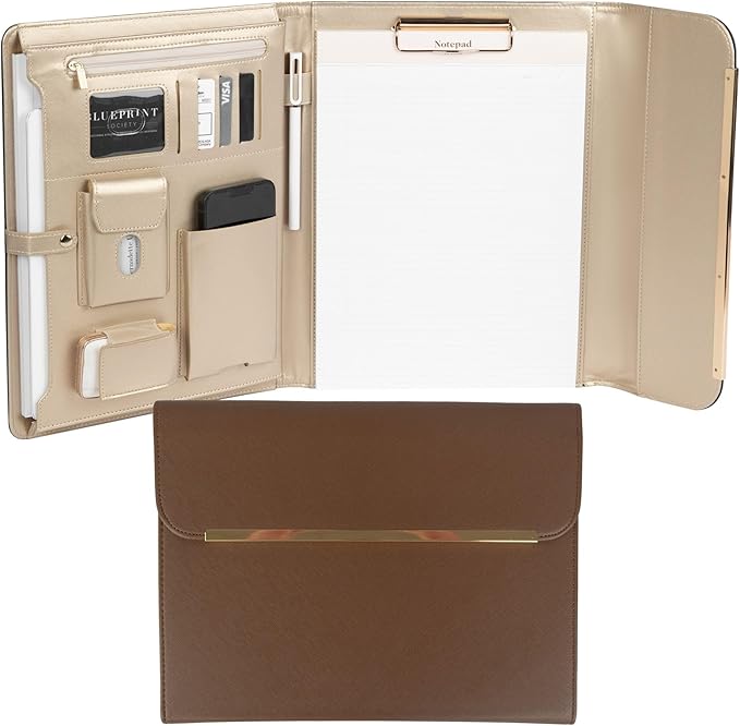 BLU MONACO | Brown Vegan Leather Binder for Women | Magnetic Closure Business Leather Portfolio Organizer with Gold Trim | Professional Padfolio for Meetings Interviews Documents by Blu_Monaco