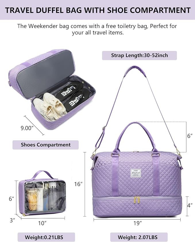 Women Weekender Travel Duffle Bag: Travel Duffel Overnight Bags with Shoe Compartment Large Carry on Tote Bag Toiletry Bag Weekend Yoga Gym Hospital Bags for Labor and Delivery with Wet Pocket Purple - Image 3