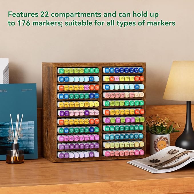 YMYNY Wooden Marker Organizer, Vintage Brown,11.81 x 5.31 x 11.81 HMR001H | Desktop Storage Hold 176 Markers,Pens,Pencils,Art Brushes Stationary Organizer Pencil Holder with 22 Compartments for Home - Image 3