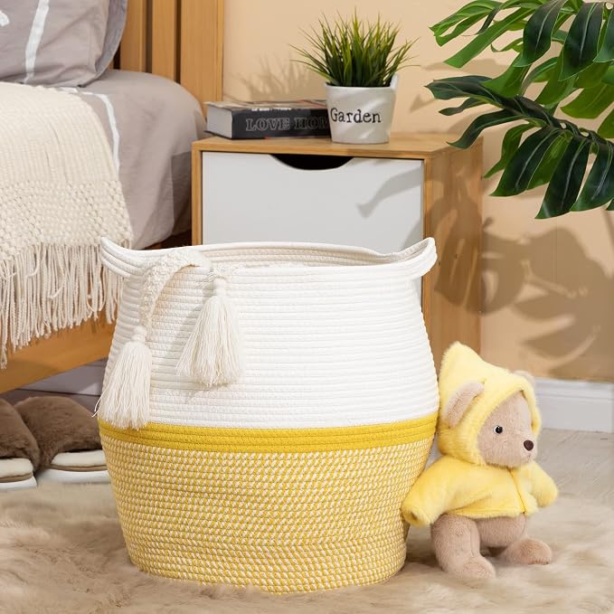KAKAMAY Woven Baskets for Storage(17"x17"),Large Cotton Rope Woven Baby Laundry Hamper,Collapsible Laundry Basket, Blanket Basket for Organizing Living Room,Nursery,Pillows,Toy Chest(Yellow) - Image 3