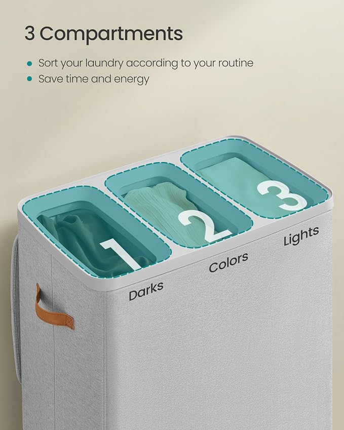 SONGMICS Laundry Basket, 50.2 Gal. Laundry Hamper, 3 Compartments, Easy Assembly, with Lid and Handles, Removable Liners, 25.2 x 15.7 x 29.5 Inches, Dove Gray ULCB814GD01 - Image 3