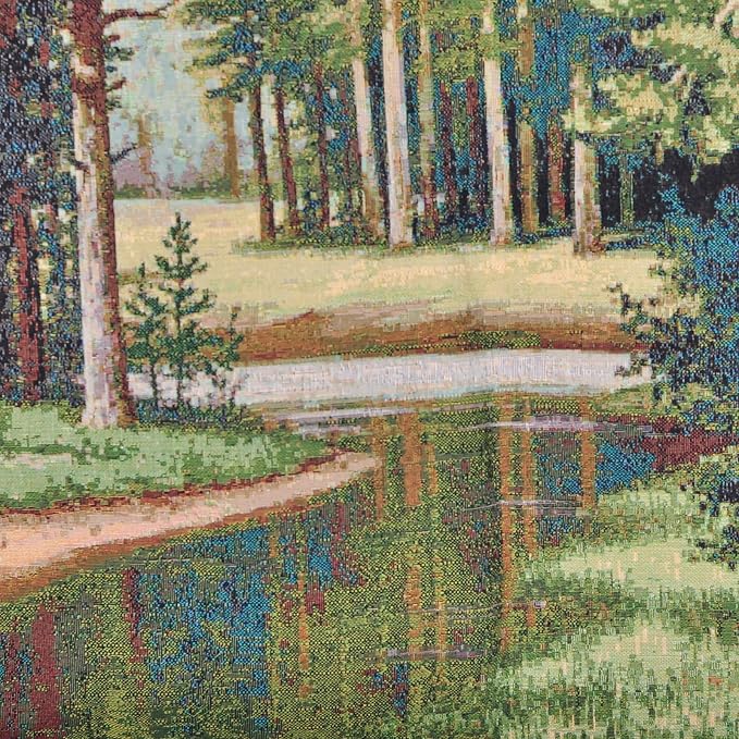 AureoMadis Premium Large Jacquard Woven Forest Tapestry 49"x28" - Vintage Pine Woods River Landscape Wall Hanging, Fully Lined Fine Art Decor with Dual Rod Pockets - Image 3