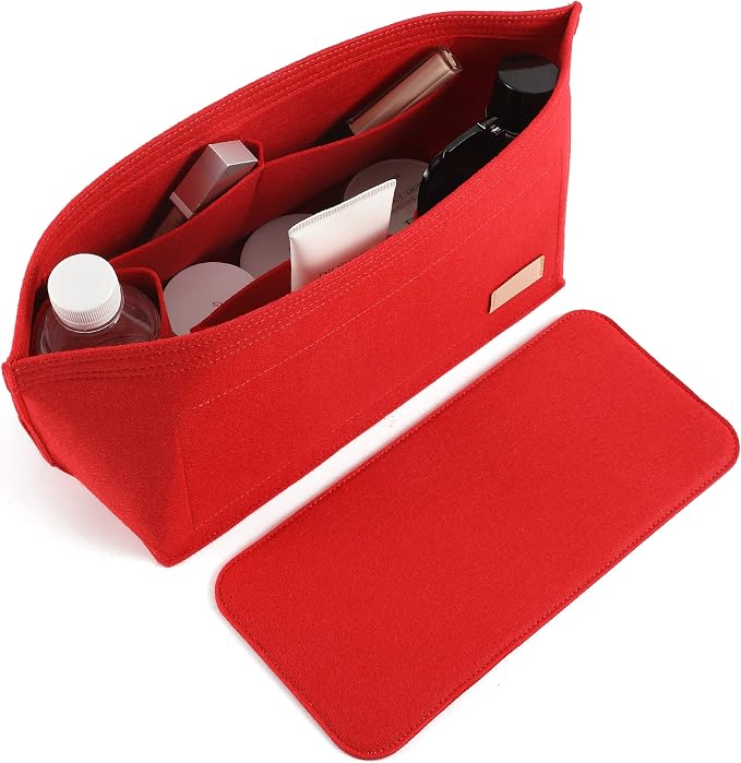 Purse Organizer Insert for Handbags & Base Shaper 2pc Set, Felt Neverfull GM Organizer Insert, Tote Bag Organizer with Zipper Pocket and Bottle Holder, Fit Neverfull GM and More, Red-XL by Doxo
