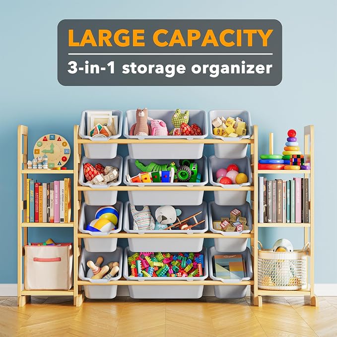 SpaceAid Toy Storage Organizer with 6 Shelves and 12 Bins, Toy Organizers Storage Bookshelf, Kids Bin Shelf Toys Box Bookcase for Bedroom Playroom Organization Room Decor, Neutral Gray - Image 3