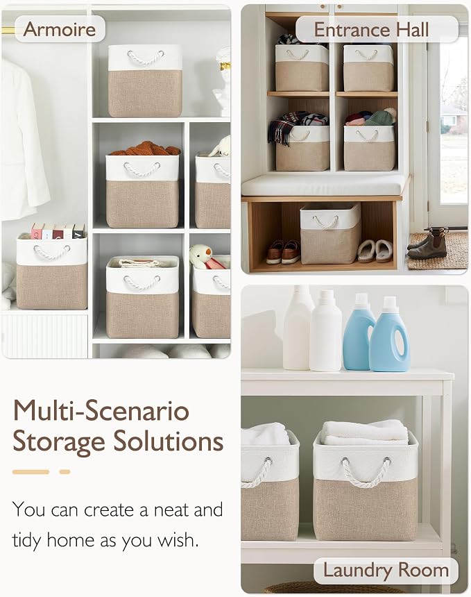 Patvingot 13-Inch Fabric Cube Storage Bins with Handles,4 Pack,Foldable | For cube shelves and closets,keeps grouped for everyday access,reinforced opening and fold-flat storage,white and khaki - Image 5