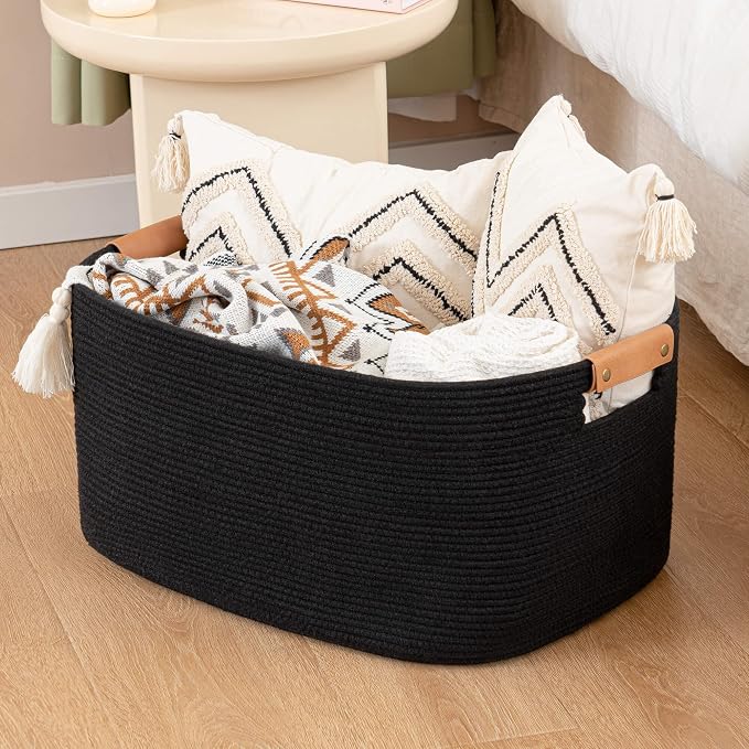 Large Blankets for Living Room, 72 L Woven Cotton Rope Baskets for Storage, Organizing Kids Toys & Dog Toys, Large Basket Organizer for Nursery, Bedroom, Bathroom, 22’’*17’’*11.8’’ Black - Image 7