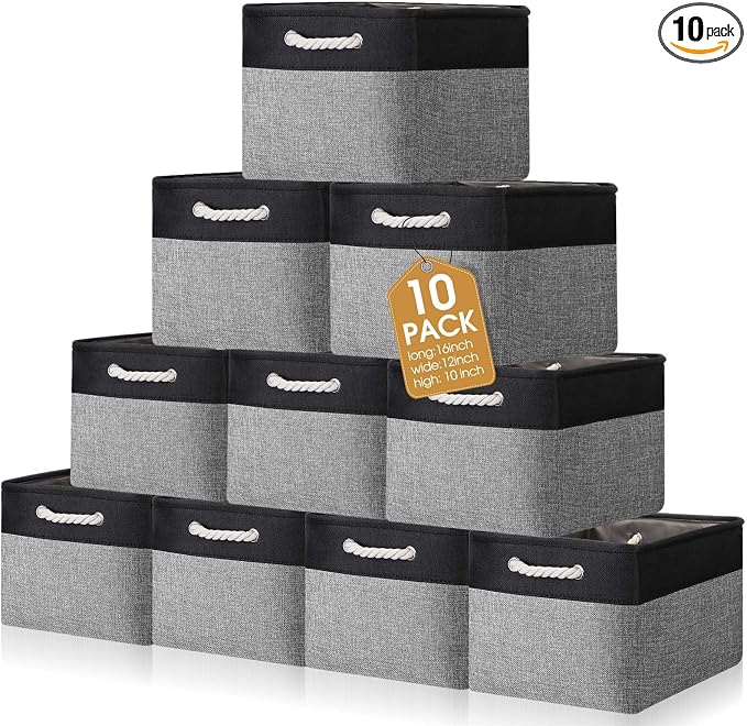 FoldTier 10 Pack Large Collapsible Fabric Storage Baskets with Handles Decorative Storage Bins for Organizing Shelves Toys Clothes(Black & Gray,16 x 12 x 10 Inches) by FoldTier