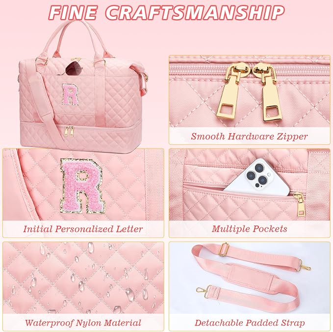 Gifts for Teen Girls-Monogram Overnight Bags Duffle Bag(Pink,R) | Gifts for Teen Girls-Overnight Bags with Toiletry Bag-Weekender Bags with Shoe Compartment for Travel - Image 6