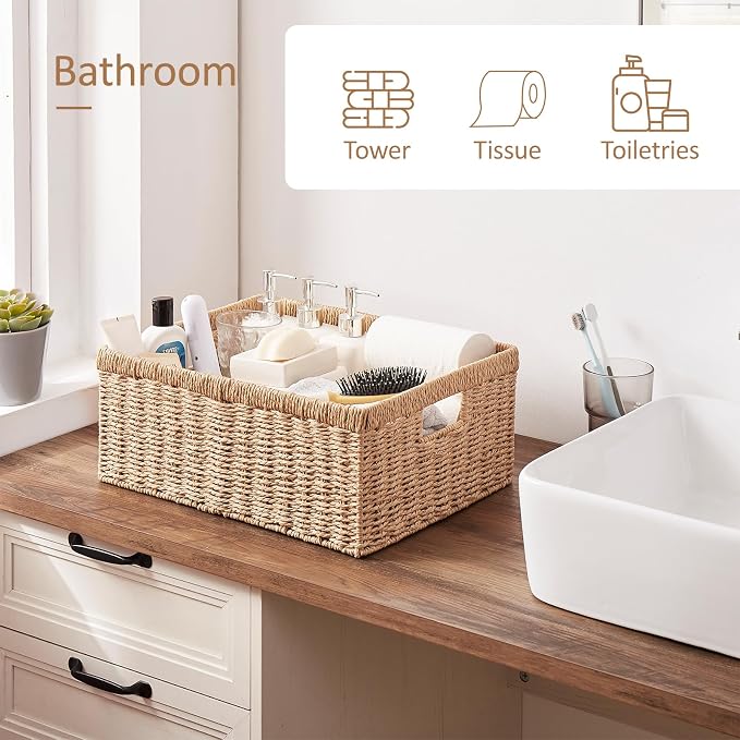OIAHOMY Wicker Storage Basket, Rectangular Paper Rope Shelf Baskets with Built-in Handles, Woven Decorative Organizer for Pantry, Shelves, Living Room and Bathroom, 1-Pack Natural - Image 6