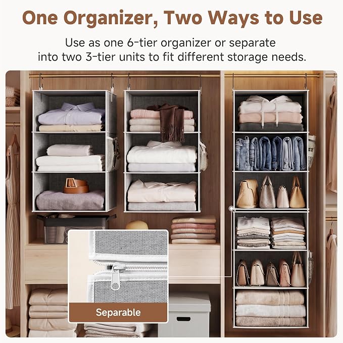 StorageWorks 6-Shelf Jumbo Closet Organizers, Two 3-Shelf Separable Hanging Shelves for Closet, 13" D x 15" W x 47 ¼"H，Gray - Image 3