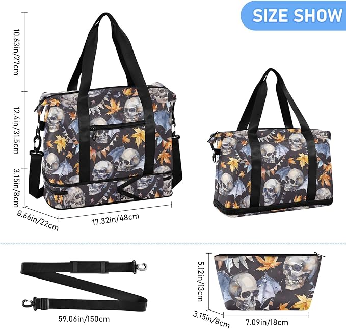 Travel Duffel Tote Bag Skull and Bat Leaf Sports Duffel Bag with Wet Pocket Weekender Overnight Bag for Women Men Gym Bag, Carry On Bag Hospital Bag for Labor and Delivery - Image 6