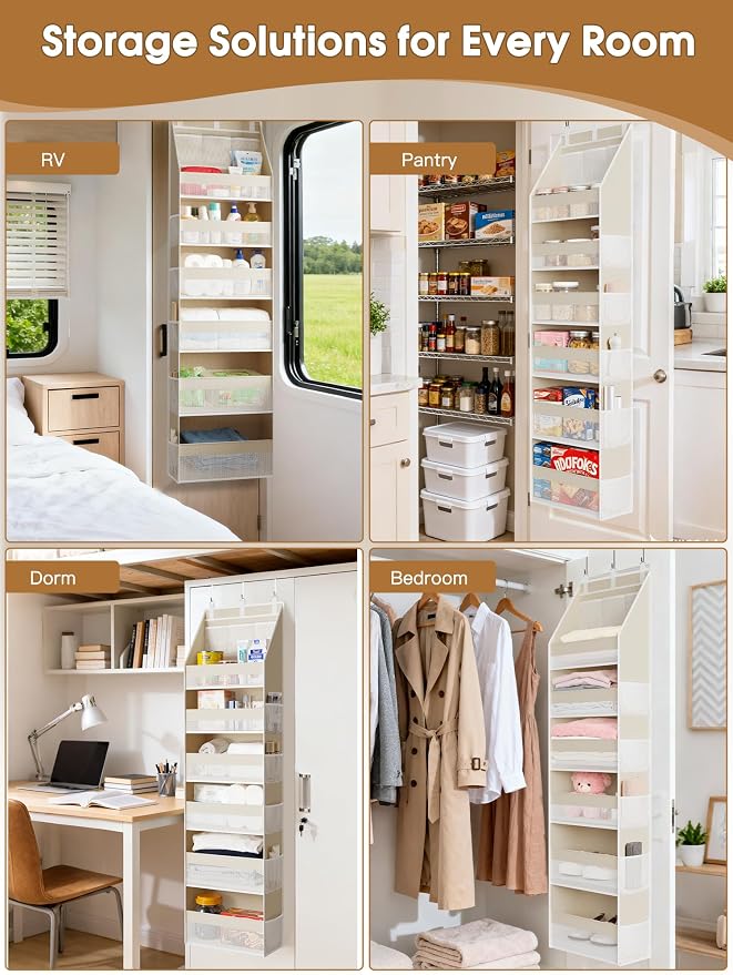 2 Pack Over the Door Organizer, 6-Shelf Closet Hanging Storage with 13 Mesh Pockets, 55lbs Capacity Behind the Door Storage for Baby Nursery, Bathroom, Bedroom, and Dorm, Beige - Image 8