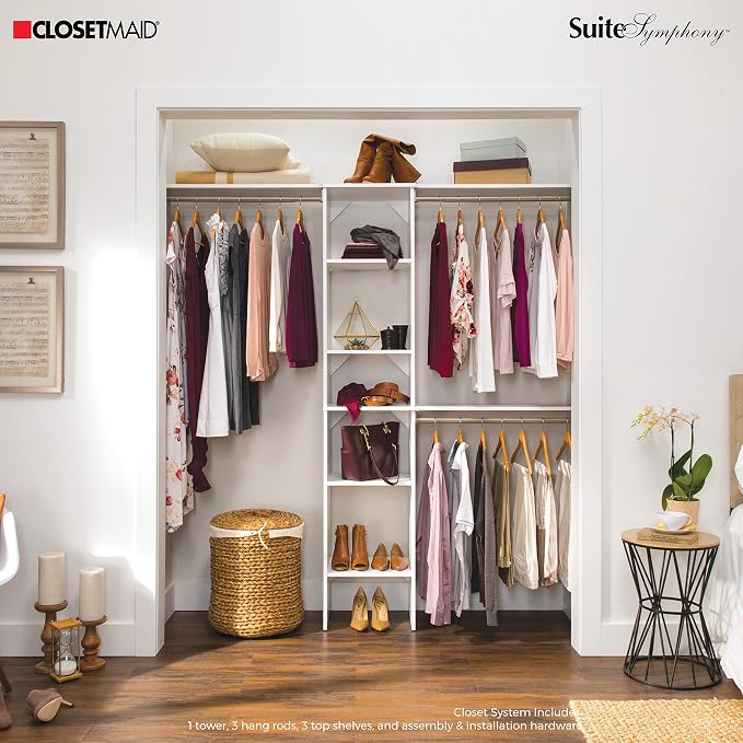 ClosetMaid SuiteSymphony Wood Closet Organizer Kit with Tower, 3 Hang Rods, Top Shelves, Adjustable, Fits Spaces 5 - 9 ft. Wide, Pure White - Image 2
