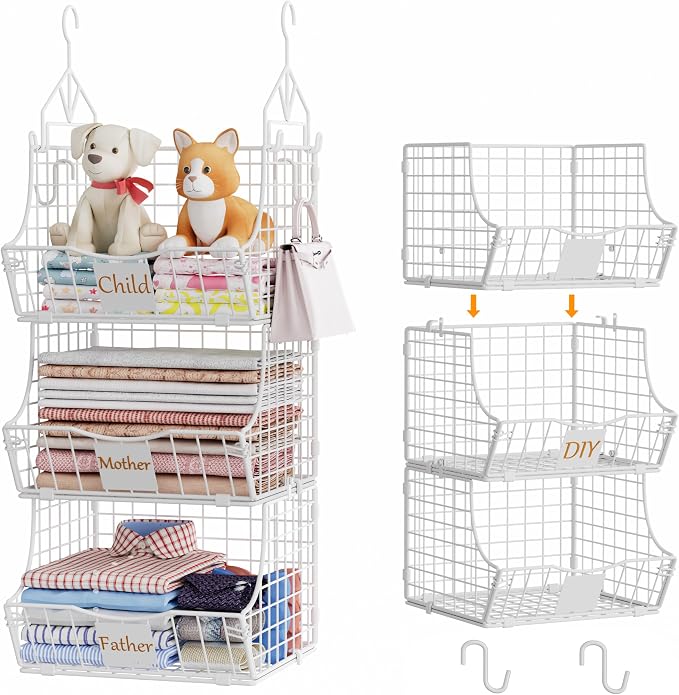 Hanging Closet Organizers and Storage, 5 Tier Closet Shelf Clothes Organizer with 2 S-Hooks, Multi-Functional Iron Wire Baskets, for Clothing, Sweaters, Handbags, Hat, Canned by Unknown