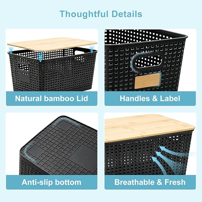 2 Pack Tall Plastic Storage Bins with Bamboo Lids, 10.8qt Stackable Storages Baskets for Organizing Desktop Closet Playroom Classroom Office, 12"L x 8.3"W x 6.1"H, Black - Image 8