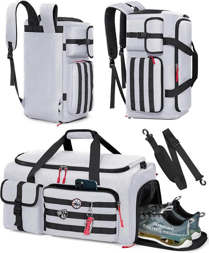 RAINSMORE Gym Bag for Men, 45L Sports Travel Duffel Bag with Shoe & Laptop Compartment, Gym Workout Backpack Carry On Weekender Bag Overnight Backpack for Travel, Grey by RAINSMORE