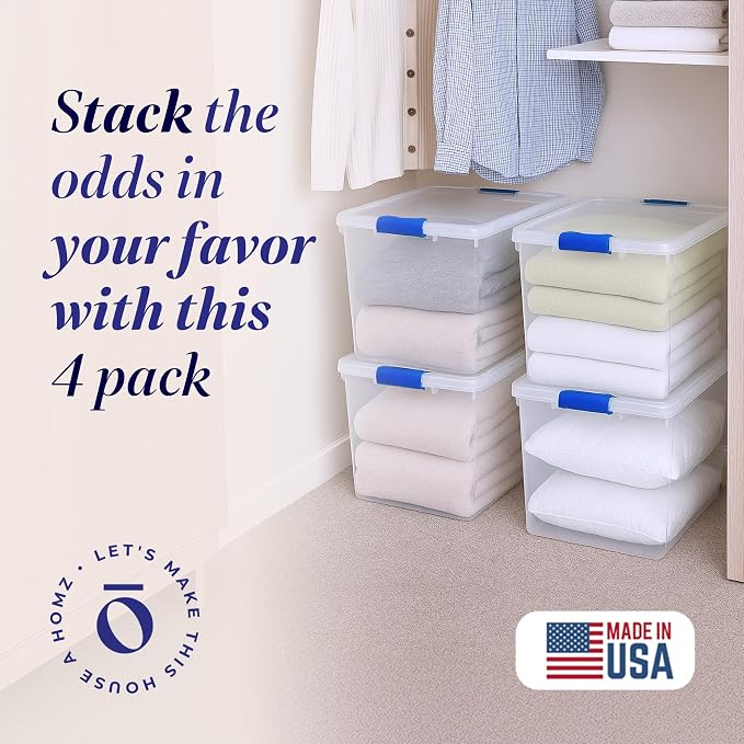 HOMZ Clear Plastic Storage Bins with Latching Lids, 31 Qt, Blue, 4 Pack | Stackable Container Set for Home, Office Shelves, Kitchen, Garage, and Bathroom Organization - Image 2