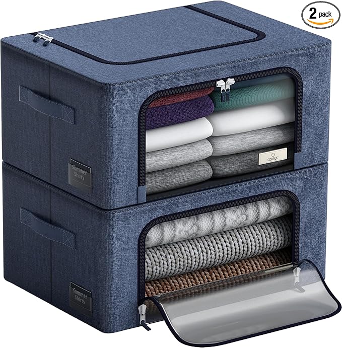Sorbus Storage Bins with Metal Frame - Stackable & Foldable Clothes Organizer Bags - Oxford Fabric Storage Containers with Large Clear Window & Carry Handles, Bedroom Organization for Bedding & Linen by Sorbus