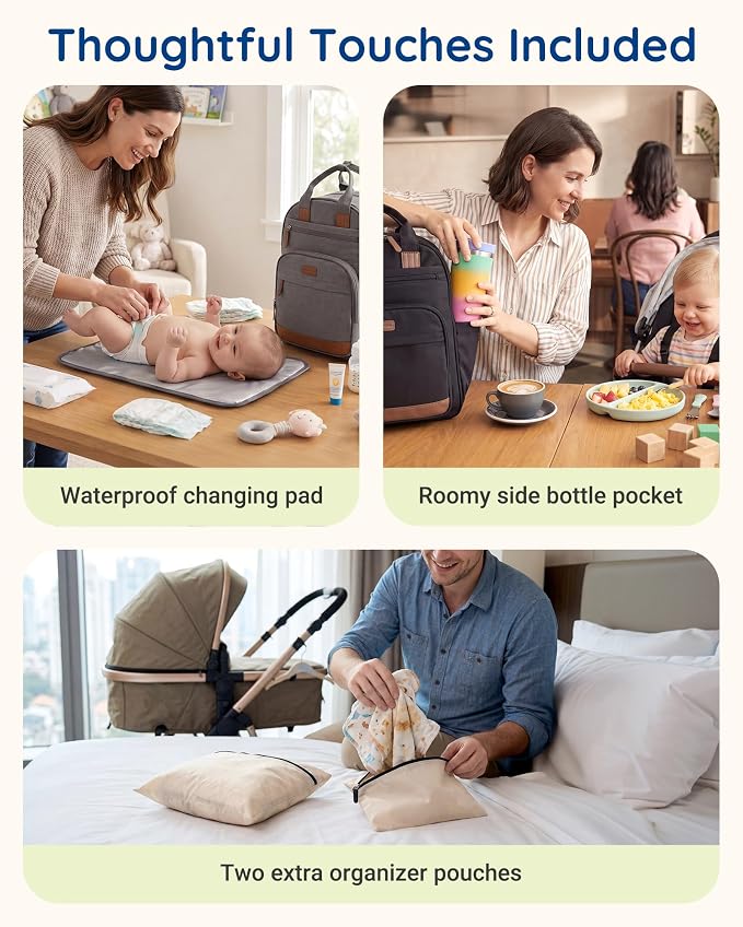 mommore Baby Diaper Bag with Waterproof Changing Pad, Light Gray | Backpack Bottle Holders Insulated & Pacifier Case, 2 Organizer Pouches - Image 7