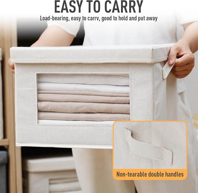 4-Pack Large Storage Bins with Lids & Clear Window, Foldable Fabric Closet Organizer Boxes, Stackable Cube Baskets with Soft Handles for Clothes & Blankets, 17”, Beige - Image 4
