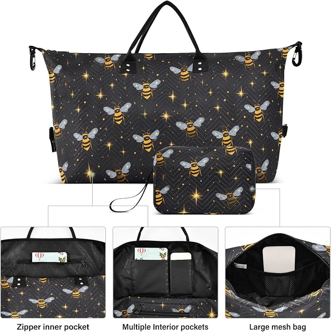 Large Travel Duffel Bag Sports Tote Gym Bag Overnight Weekender Bags Golden Bee Queen Crown Pattern Carry On Luggage with Toiletry Bags - Image 2