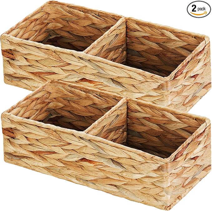 2 Section Wicker Storage Basket, Set of 2 Hand-woven Water Hyacinth Storage Baskets, Toilet Tank Basket, Small Wicker Baskets, Woven baskets, Baskets for Organizing Storage Shelves, 2-Pack by Vagusicc