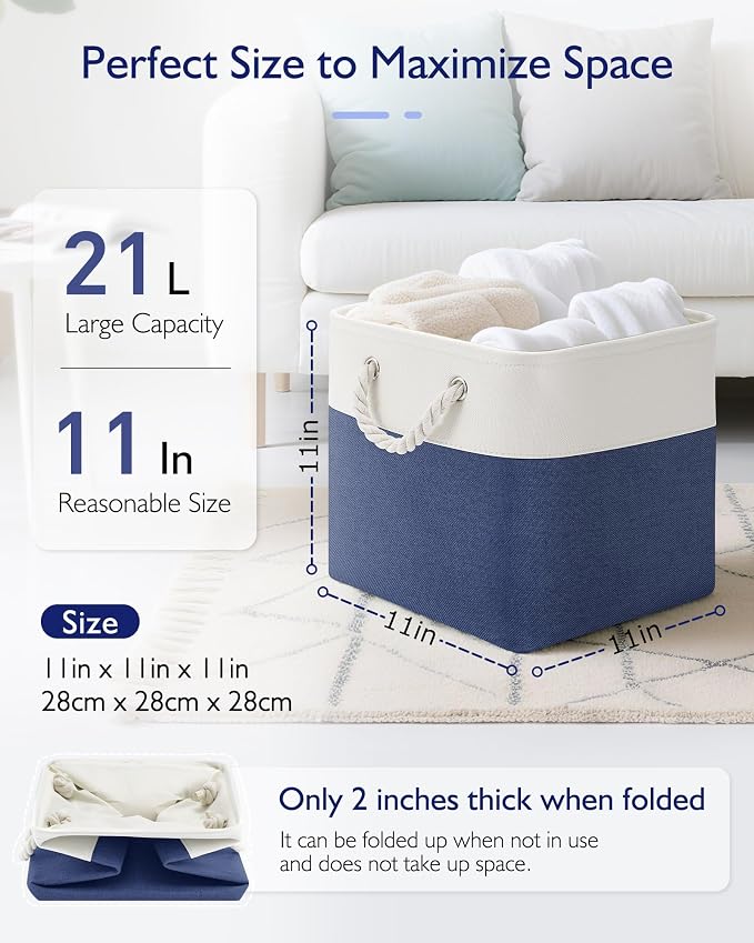 Patvingot 11-Inch Fabric Cube Storage Bins with Handles,6 Pack,Foldable | For cube shelves and closets,keeps grouped for everyday access,reinforced opening and fold-flat storage,white and blue - Image 2