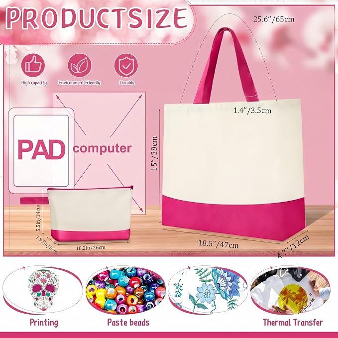 Sanwuta 30 Pcs Canvas Tote Bags Bulk with Zipper Cosmetic Pouch,Rose Red | 18.5" Reusable Cotton Shopping Bag with Handle for DIY Craft - Image 3
