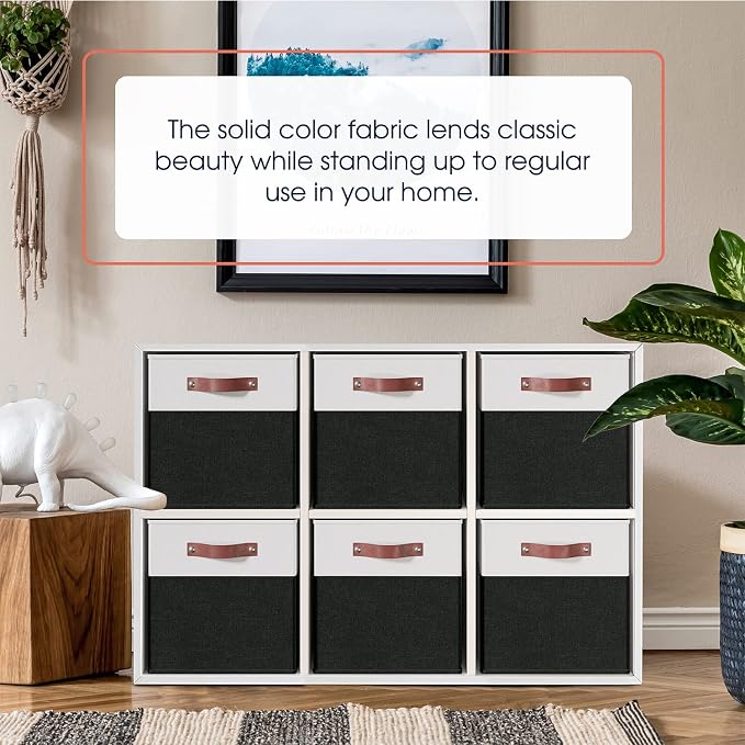 Ornavo Home 13x13 Foldable Fabric Storage Cube Bins, 6 Pack, White/Black | Collapsible Linen Shelf Basket Organizer; Leather Handles; Ideal Cube Storage For Closet - Image 2