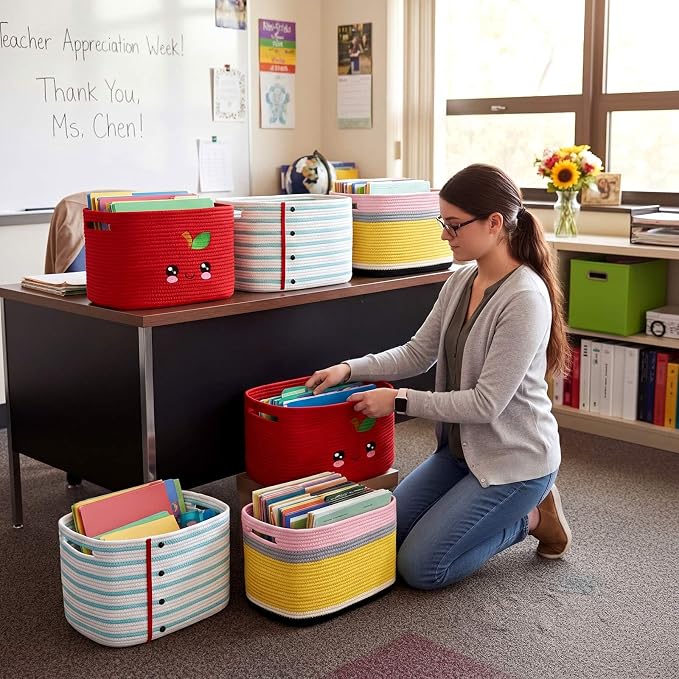 FoldTier 3 Pack Back to School Storage Bins Cute Large Teacher Woven Baskets Storage Return to School Treasure Box for Kid Daycare Elementary Preschool Book Closet Shelf Nursery Decor 15 x 9 x 10 Inch - Image 4