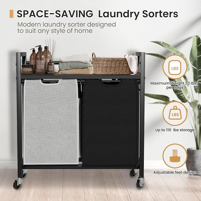 SwaaVee Laundry Sorter, Laundry Hamper with Wooden Top Shelf, 2×14.5Gal(110L), Metal Frame laundry basket with wheels, Pull out and Removable Laundry Bags, 2 Bags-Black Grey - Image 7