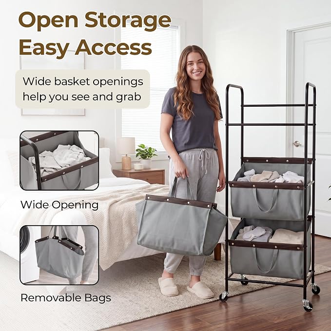 GRANNY SAYS 3 Tiered Laundry Sorter, Narrow Hamper Cart with Wheels | Sturdy 3 Section Laundry Basket with Wheels, Vertical Grey Hamper Cart for Bedroom, Bathroom, Apartment - Image 4