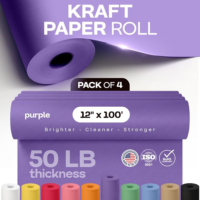 12" x 1200" (100 feet) Purple Kraft Paper Roll, Pack of 4 - USA-Made Quality Craft Paper for Gift Wrapping, Kids Arts & Crafts, School Projects - 100% Recycled Natural, 50lb Thickness by IDL Packaging - Image 4
