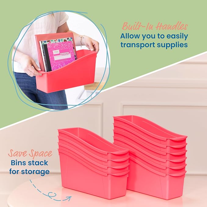ECR4Kids Linking Plastic Storage Book Bin, Multipurpose Organization, Neon Orange, 10-Piece | Durable plastic with built-in handles, interlocking, nestable, ideal for books, magazines, and files in a classroom or office - Image 4