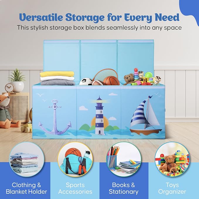 Extra Large Collapsible Sturdy Toy Storage Organizer with Lids, Ocean Theme Toy Box for Boys & Girls, 40"x16"x16", Modern, Blue - Image 6