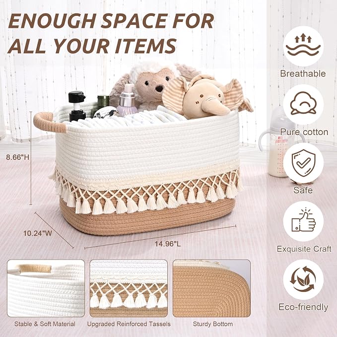 6 Pack Storage Basket for Shelves, Boho Cotton Rope Storage Bins with Heavy Tassel, Shelf Baskets Large Woven Baskets for Organizing, Cube Organizer Bins, Baby Laundry Basket for Clothes, Toys, Pets - Image 4