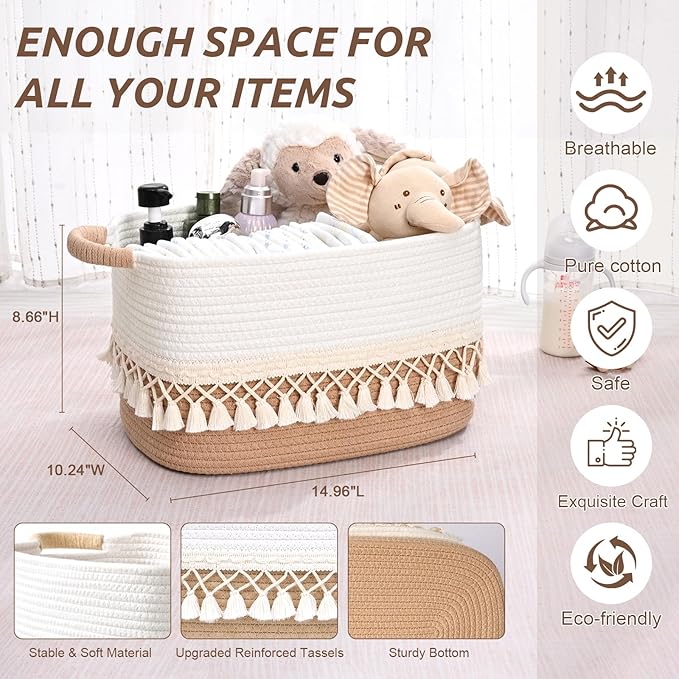 3 Pack Storage Basket for Shelves, Boho Cotton Rope Storage Bins with Heavy Tassel, Shelf Baskets Large Woven Baskets for Organizing, Cube Organizer Bins, Baby Laundry Basket for Clothes, Toys, Pets - Image 3