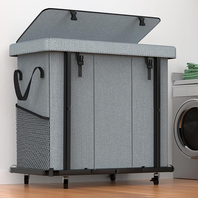 Laundry Basket with Lid,230L Rolling Laundry Hamper with Wheels,Grey | Dirty Clothes Hamper with Metal Frame and Removable Bag Design, Suitable for Laundry Room, Bedroom(3 Section) by Unlockyourhomestoragelife