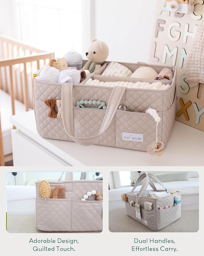 Quilted Diaper Caddy Organizer with Matching Changing Pad - Soft Sand - Image 3
