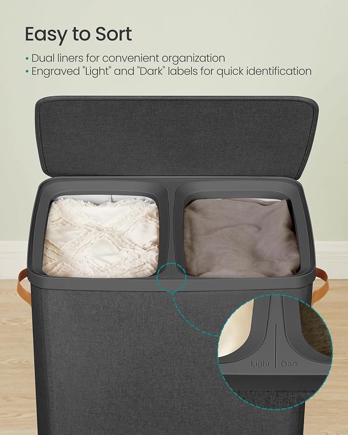 SONGMICS Laundry Basket, 44.9 Gal. Laundry Hamper, 2 Compartments, Easy Assembly, with Lid and Handles, Removable Liners, 22 x 15.7 x 29.5 Inches, Ink Black ULCB813B01 - Image 3