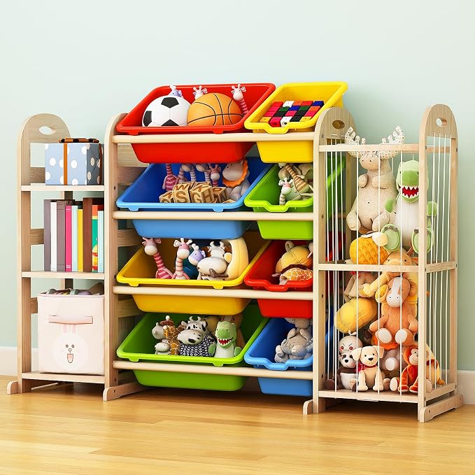 Toy Storage Organizer, Toy Organizers and Storage with Stuffed Animal Storage, Kids Toy Storage Shelf with 3 Shelves 8 Storage Bins, Kids Bookshelf, Toy Holder for Playrooms, Bedrooms, Multi Color - Image 3