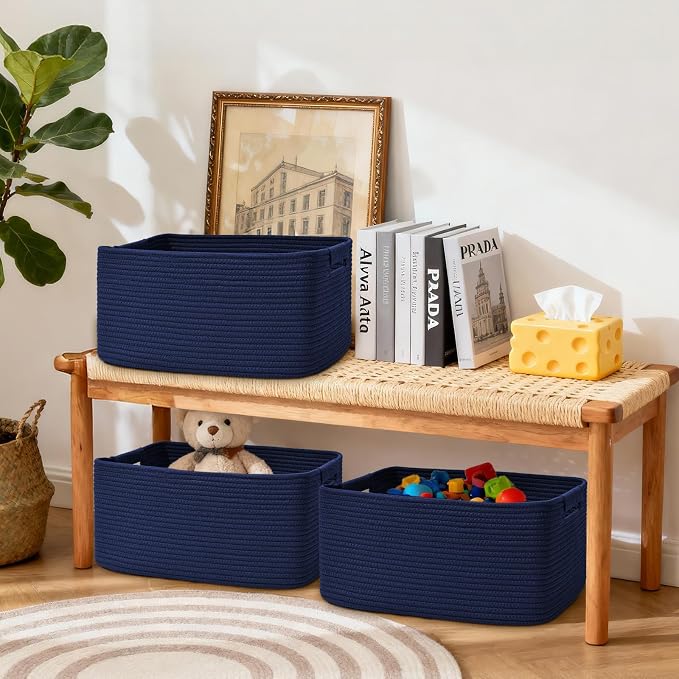 2 Pack Large Storage Basket for Organizing, 17.5"x13"x7" Woven Basket for Shelves, Closet Cube Storage Bins with Wrapped Handle, Cotton Rope Baskets for Kitchen, Clothes, Toys(Navy Blue) - Image 3