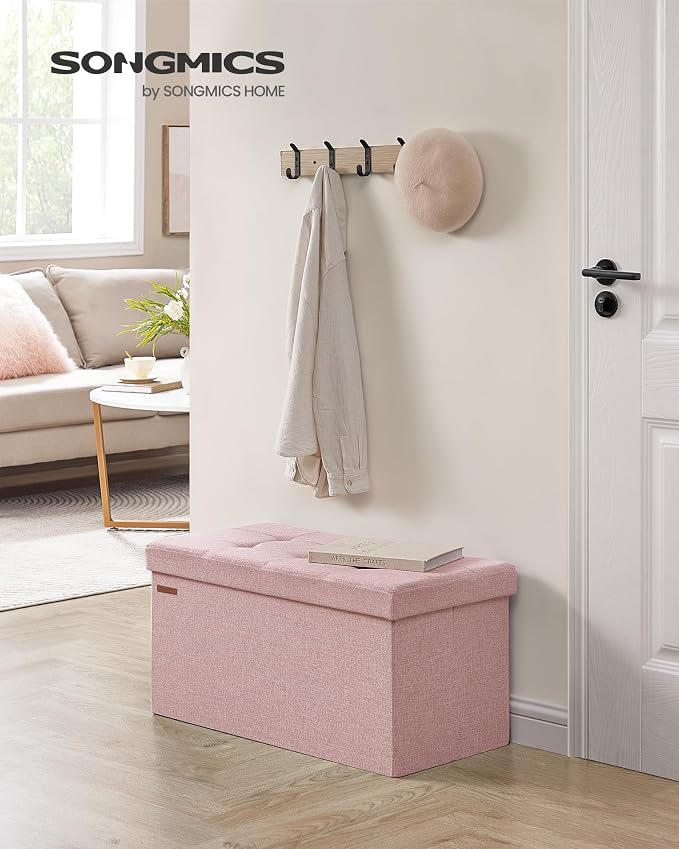 SONGMICS Mazie Collection - 30 Inches Folding Storage Ottoman Bench, Ottoman Foot Rest, End of Bed Bench, Storage Chest, Load 660 lb, for Living Room, Bedroom, Entryway, Jelly Pink ULSF047R11 - Image 2