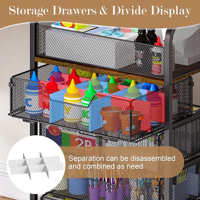 Yociyoga 5-Tier Craft Cart with Wheels-Rolling Storage Cart with Drawers,Rolling Utility Cart with DIY Divider,Art Supply Organizer Cart,Rolling Cart with Drawers,Craft Organizers and Storage,Black - Image 5