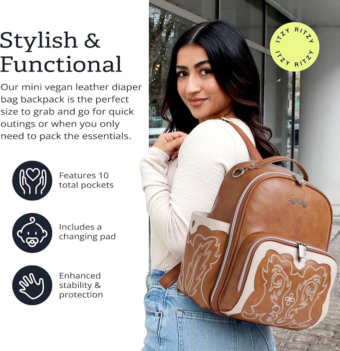Itzy Ritzy Mini Diaper Bag Backpack - 10 Pockets with Changing Pad (Saddle) | Chic Mini Plus Diaper Bag with 2 Insulated Bottle Pockets, Key Lanyard, Wipeable Changing Pad, Grab-Top Handle & Rubber Feet - Image 3