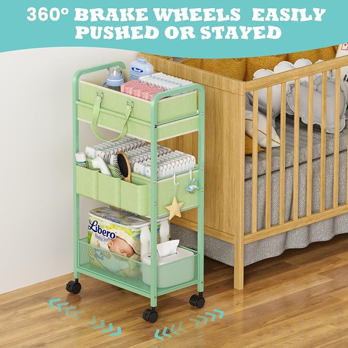 2in1 Baby Diaper Caddy Organizer Cart, 3-Tier Rolling Cart, Metal Diaper Caddy Carts, Bedside Carts for Nursery Essentials Storage, Detachable Dividers, Large Capacity, Green - Image 7