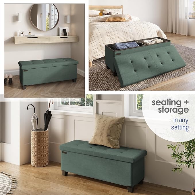 Storage Ottoman Bench with Bins, 43-in Storage Bench for Bedroom End of Bed, Folding Foot Rest Ottoman for Living Room Max 660lbs, Fabric Ottomans, Green - Image 4