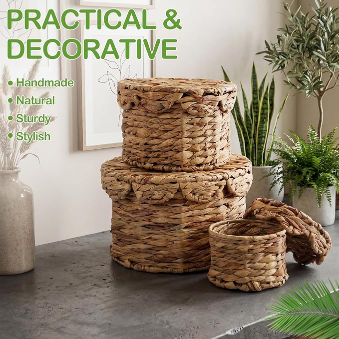 Set of 3 Scalloped Wicker Storage Baskets with Lid Round Rattan Woven Basket 11'' 8.7'' 6.3'' Natural Water Hyacinth Decorative Boxes for Organizing Nursery Home Closet Shelf Decors, 3 Sizes - Image 7