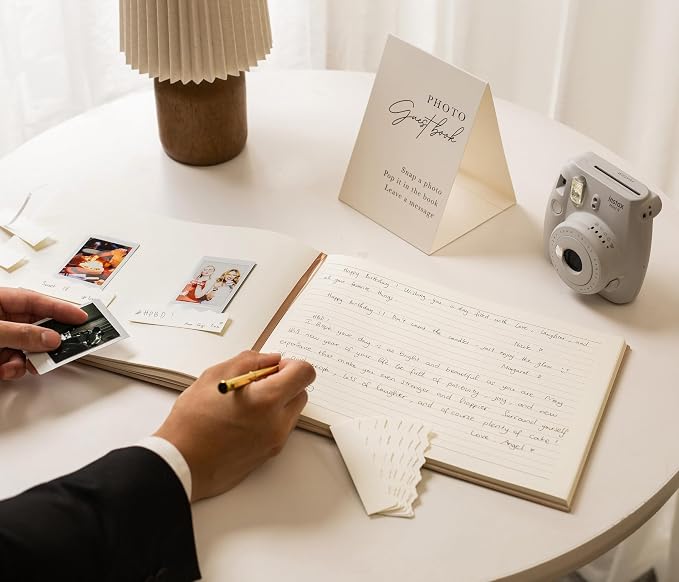 Real Linen Guest Book Set - 11.5 x 8.5 Embossed Guestbook for Weddings, Showers, Events, Blank & Lined, Comes with Sign, Pen, Box and Photo Sleeves, 120 Pages (Oatmeal) - Image 4