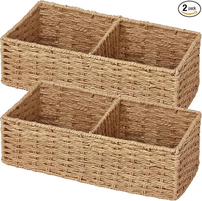 Set of 2 Wicker Storage Basket for for Shelves, Baskets for Organizing, Toilet Paper Basket for Toilet Tank Top, 2-Section, Natural by Vagusicc